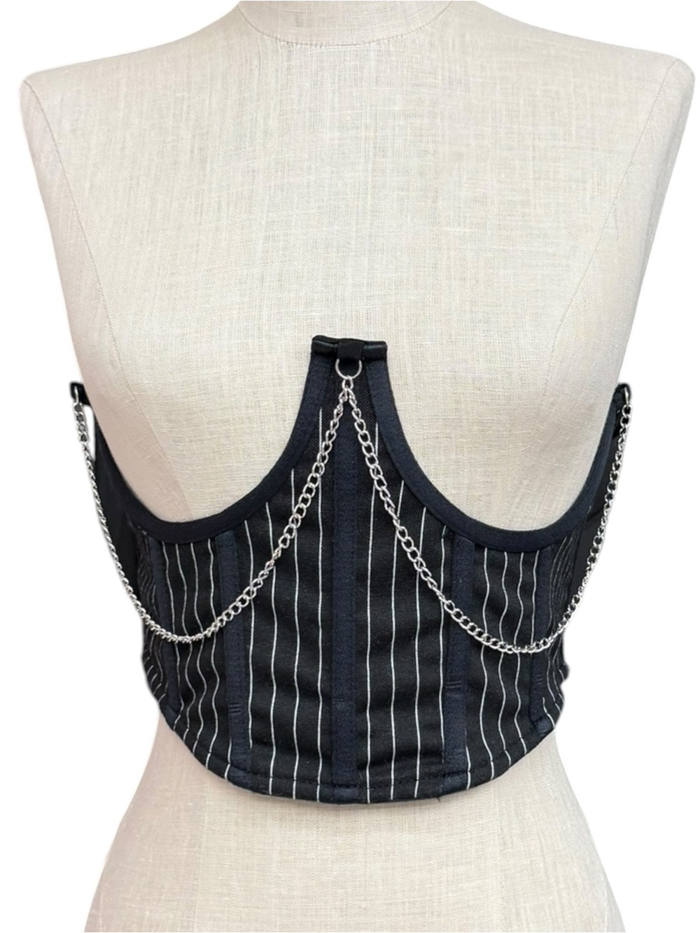 Spirit Halloween Black Pinstripe Corset Chain Detail Gangster Costume Top